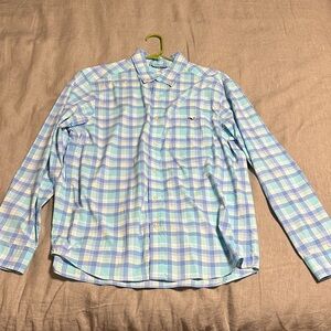 Vineyard Vines Light Blue and Green Plaid Shirt